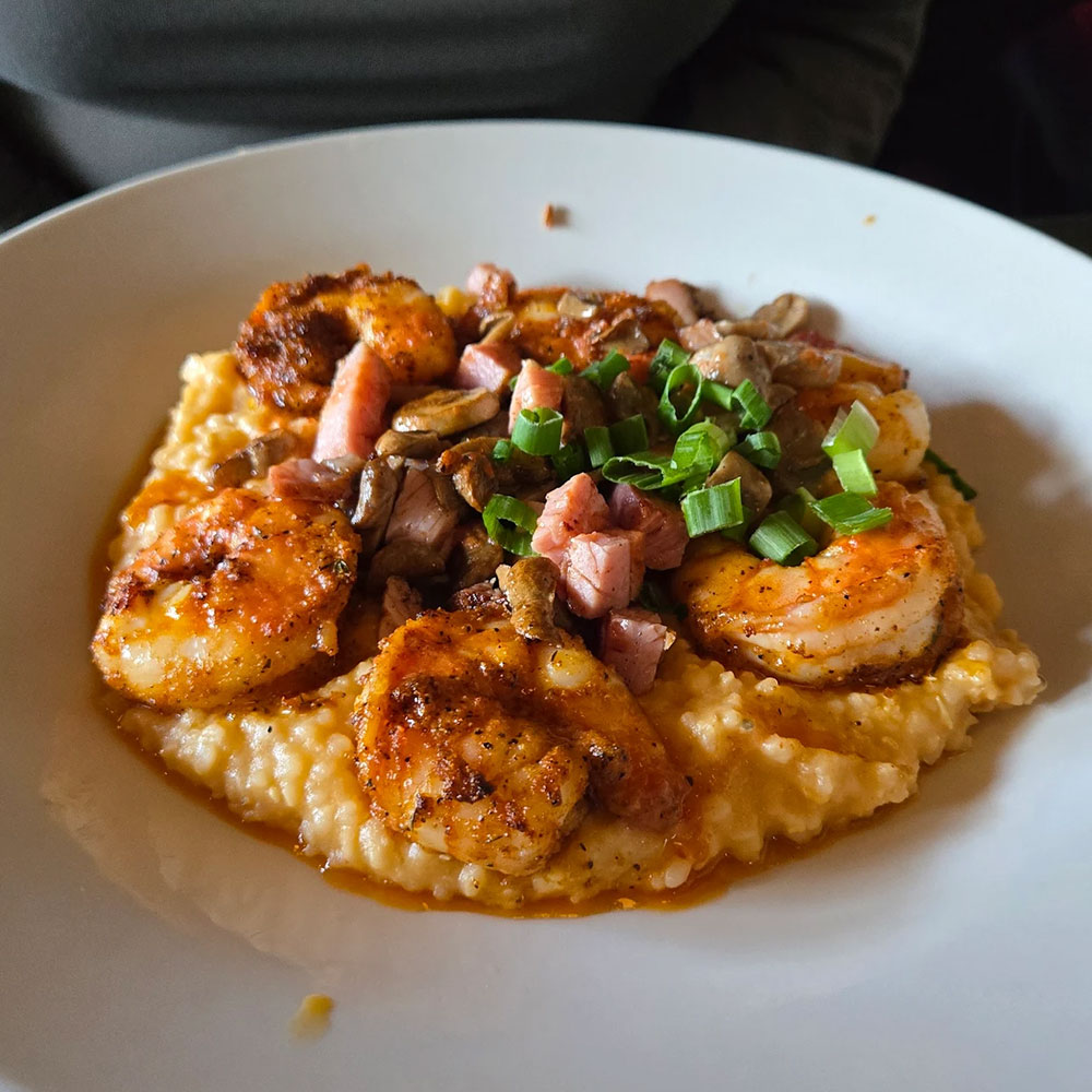 shrimp and grits NOLA style by Chef Jon Wainwright at Toulouse in Tahoe