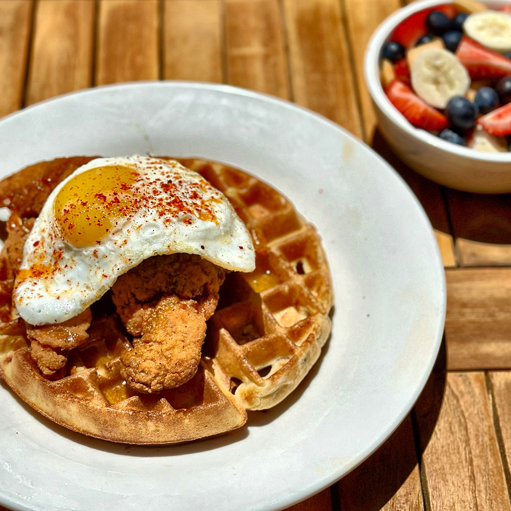chicken and waffles for brunch at Toulouse