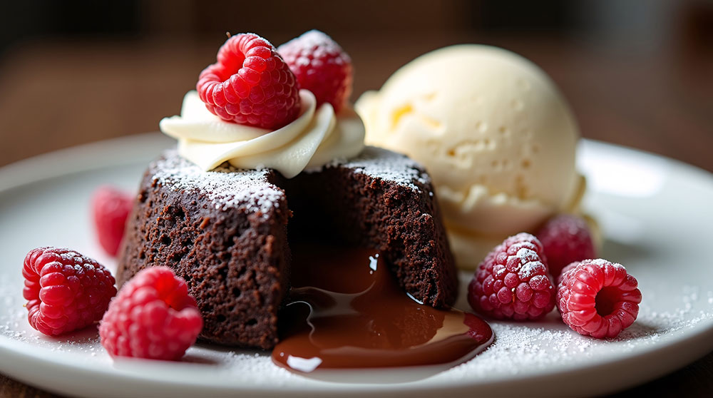 Chocolate Lava Cake Warm molten center, fresh berries Strawberry coulis, whipped cream, vanilla ice cream